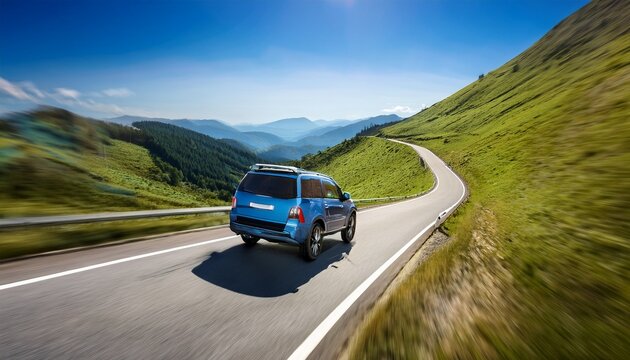 a blue suv drives along a winding mountain road with motion blur showcasing a thrilling journey through lush green nature and clear skies ideal for adventure and travel themes