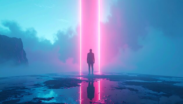 光の柱の中に立つ人物が幻想的な空間に包まれる神秘的で未来的な情景