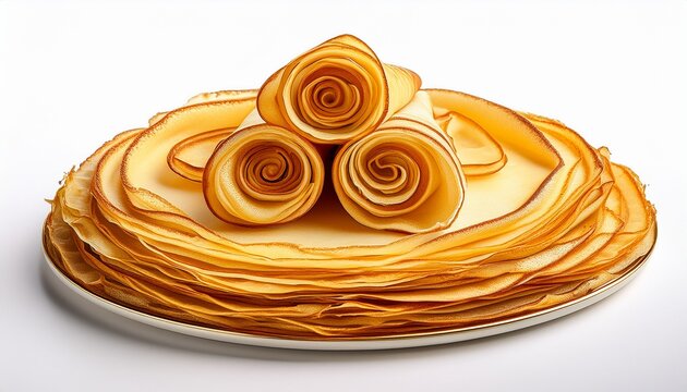 stack of folded golden crepes arranged in a circular swirl pattern isolated on white white background