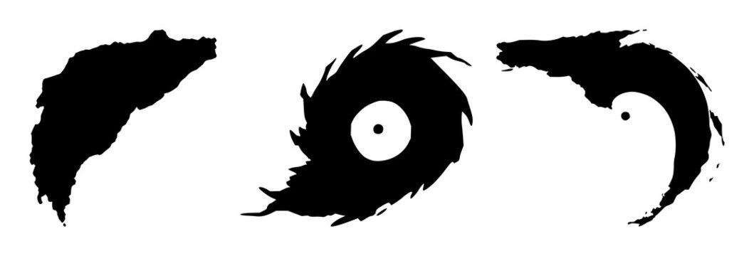 Hurricane set with a stark black silhouette against a white background featuring weather, storm, cyclone with meteorology and natural disaster
