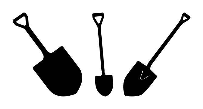 Shovel set with black silhouette against white background featuring gardening tool, earth mover, construction implement with soil, landscaping, outdoor use