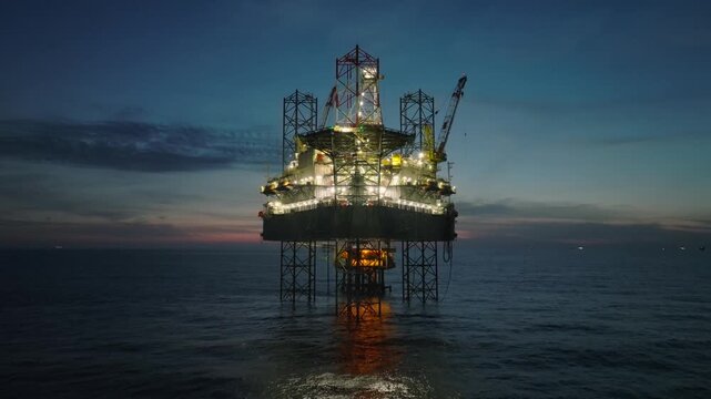 Aerial top view of offshore jack up rig and offshore platform during sunset for oil and gas exploration and production. 