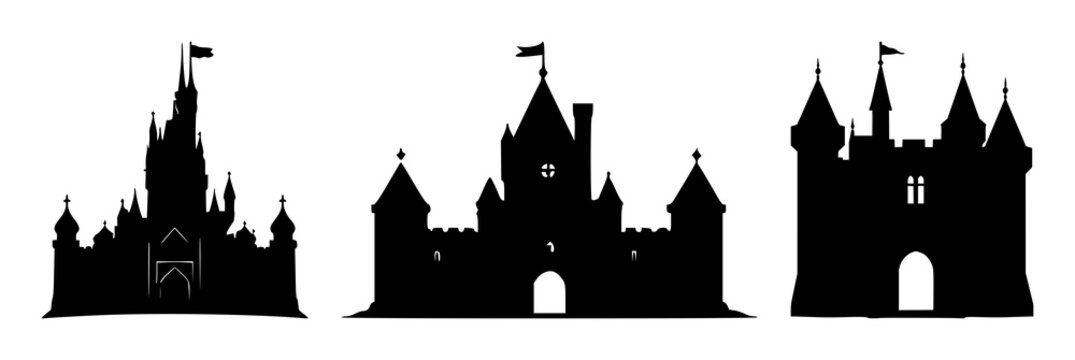 Castle set with black silhouette and white background featuring architecture, medieval, silhouette with line art and vector illustration