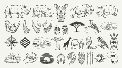 Fototapeta premium Collection of Hand-Drawn African Wildlife and Safari Elements, Including Rhinos, Elephants, Lions, Giraffes, and Traditional Symbols.