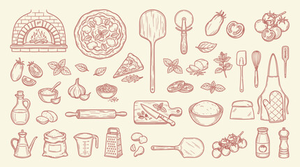 A charming collection of hand-drawn illustrations depicting various elements of pizza making, from ingredients to tools and a brick oven.