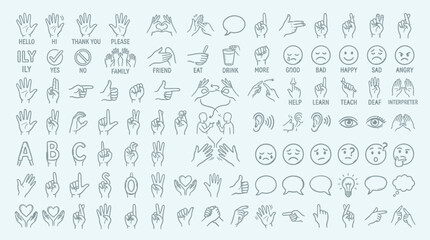 A comprehensive collection of line art illustrations depicting various hand gestures, sign language symbols, and facial expressions. © KN collection
