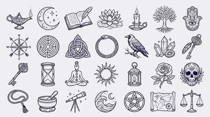 A collection of mystical and esoteric symbols, including celestial bodies, ancient artifacts, and spiritual icons, presented in a vintage line art style. © KN collection