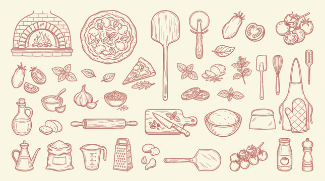 A charming collection of hand-drawn illustrations depicting various elements of pizza making, from ingredients to tools and a brick oven.