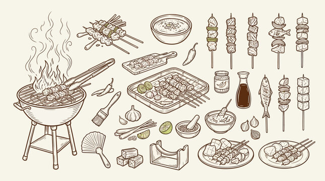 A detailed illustration of various grilled meat and fish skewers, served with dipping sauces, spices, and cooking utensils, presented in a charming hand-drawn style.