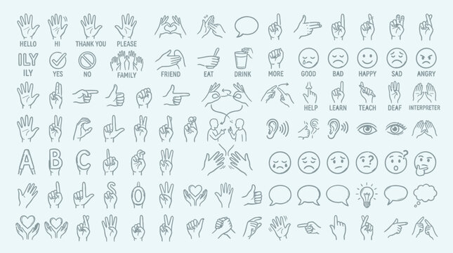 A comprehensive collection of line art illustrations depicting various hand gestures, sign language symbols, and facial expressions.