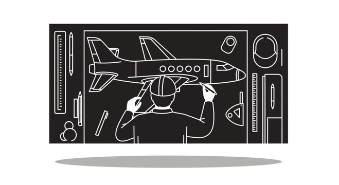 Aerospace Engineer Designing Airplane Blueprint Vector Illustration