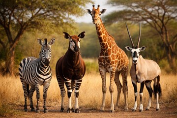 Obraz premium African wildlife group with zebra giraffe and antelope safari animals in savannah