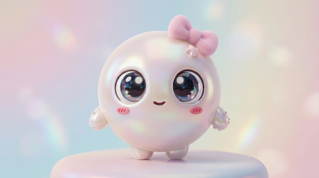 Cute white round character with pink bow and big eyes stands on a pedestal against a soft pastel rainbow background.