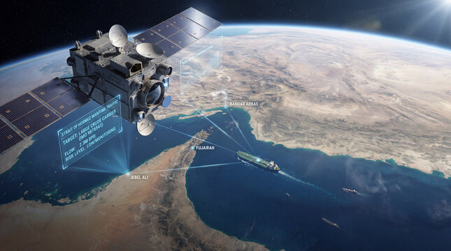 Satellite surveillance monitoring commercial vessels in the Strait of Hormuz with maritime intelligence and tracking