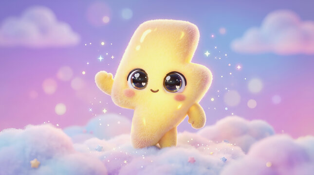 Cute yellow lightning bolt character with big eyes stands on fluffy clouds in a dreamy pastel sky filled with sparkles and soft clouds.