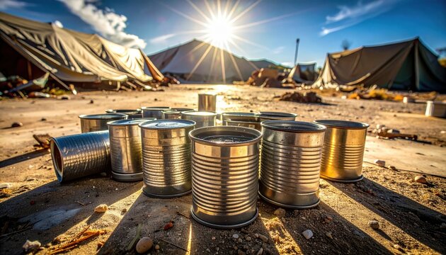 Collection of empty, repurposed tin cans set against a backdrop of tents and mountains at sunrise, showcasing resourcefulness and survival.