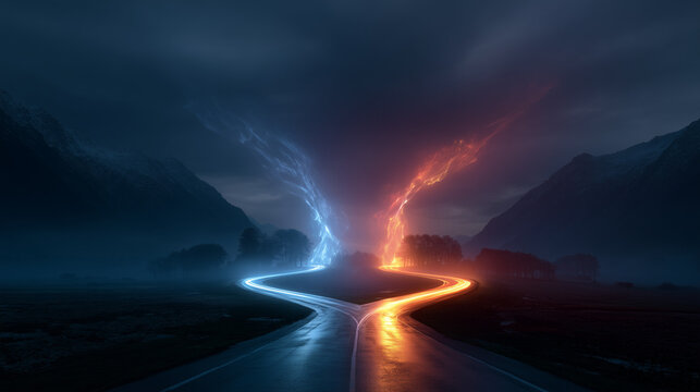 Night Road Split by Blue Ice and Fire Lightning Trails in Misty Mountain Valley