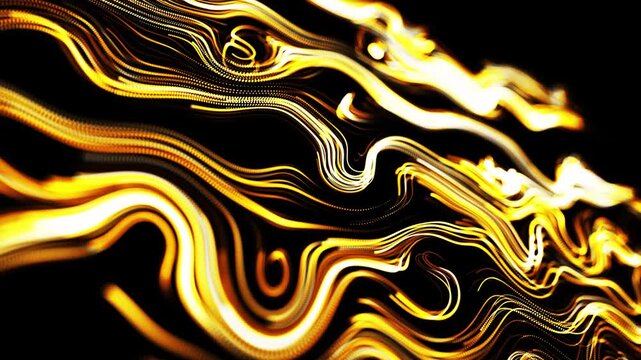 Festive, abstract 3D loop of yellow particles forming a dynamic swirl pattern with glowing streaks.