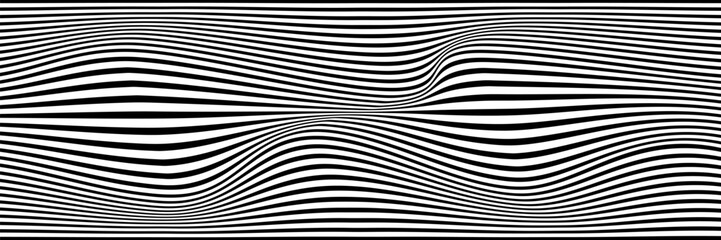Simple wavy background. Vector illustration of striped pattern with optical illusion, op art. Long horizontal banner. © uboy