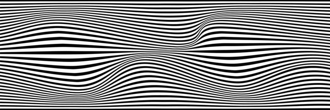 Simple wavy background. Vector illustration of striped pattern with optical illusion, op art. Long horizontal banner.
