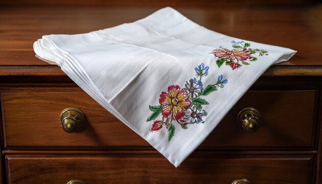 a white handkerchief with floral embroidery on a wooden dresser