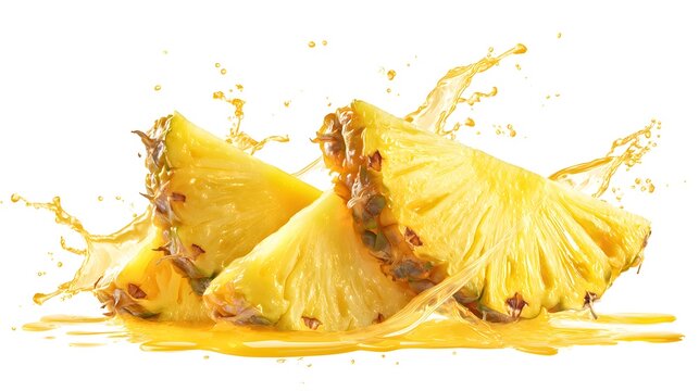 Set of pineapple slices with a juice splash isolated on a white background