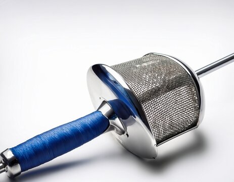 fencing epee with blue pistol grip and metal blade on white background symbolizing sport competition and dueling