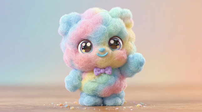 Ador?vel boneco de pel?cia colorido com olhos grandes e la?o roxo em fundo suave e brilhante, ideal para brinquedos infantis e decora??o.