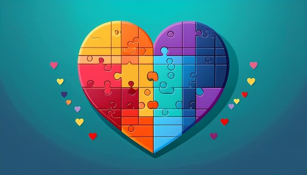 a flat design of a heart made up of different colored puzzle pieces symbolizing unity in diversity intersectionality awareness month flat design with copy space