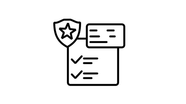 Secure Verified Document Motion Icon. Animated line icon of a checklist document with a shield, representing secure data verification, protected policies, and official compliance.