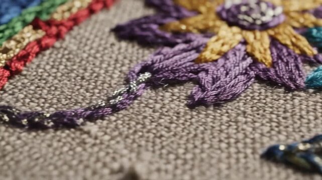 Colorful embroidered silk threads on grey linen fabric macro