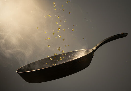 Cooking oil splashes in cast iron pan