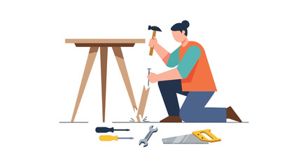 Fototapeta premium Woman Carpenter Repairing Broken Wooden Table with Hammer and Tools - DIY Home Improvement and Furniture Restoration Illustration