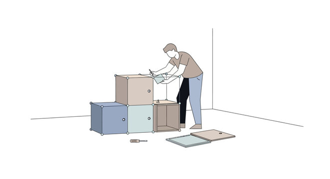 Man Assembling Modular Cube Shelving Unit in New Home, DIY Furniture Assembly Concept, Minimalist Illustration