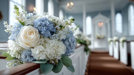 Obraz premium Bouquet of white roses, blue hydrangea, and white flowers decorating in chapel aisle, wedding ceremony