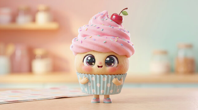 Cute 3D animated cupcake character with pink frosting, cherry, and blue wrapper stands on wooden surface in soft focus kitchen background.