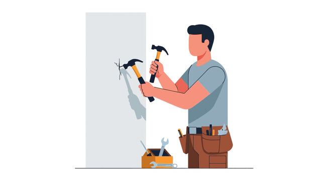Professional Handyman Repairing a Cracked Wall with a Hammer Flat Vector Illustration