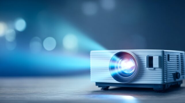 Modern Digital Projector Unit on Flat Surface with Light Beam Displaying