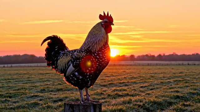 Colorful rooster standing on a wooden fence post during a golden sunrise