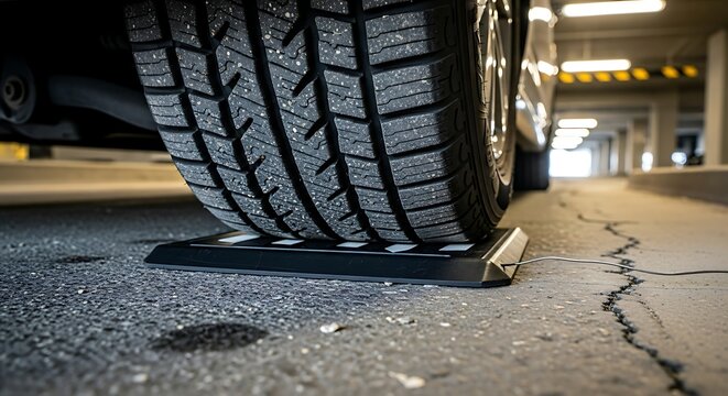Close up of car tire on parking stop in garage