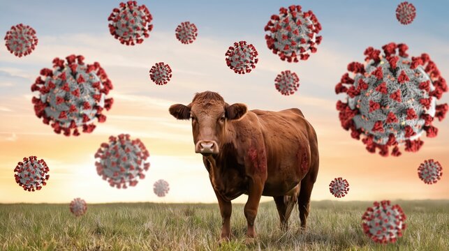 A hyper-realistic cow with red lesions stands in a rural field at sunset, surrounded by photorealistic virus particles. This detailed image highlights livestock disease in agriculture.
