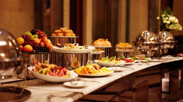 A luxurious hotel buffet features an array of gourmet dishes, fresh fruit, and pastries on elegant marble counters. Warm lighting and polished chafing dishes add refined hospitality charm.