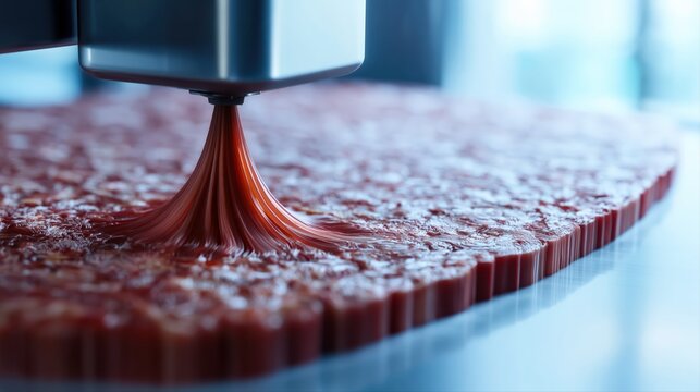 Extreme close-up of a 3D printer nozzle extruding plant-based meat with intricate, marbled texture. Deep red tones and biotech detail create a hyper-realistic food innovation scene.
