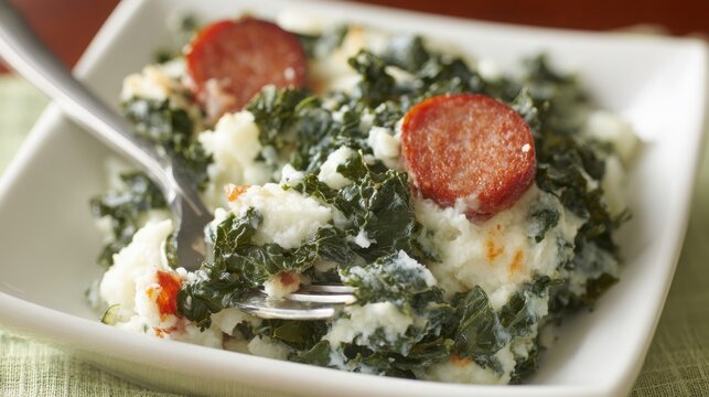 A close-up view of hearty Dutch stamppot with kale and mashed potatoes, topped with savory sausage slices.