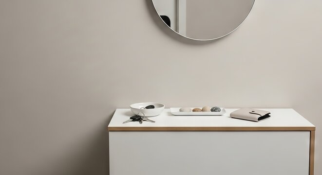 Keys in bowl and wallet on white console table in hallway. Round mirror on neutral wall. Modern minimalist home interior design with furniture for entrance, organization and tidy living space concept