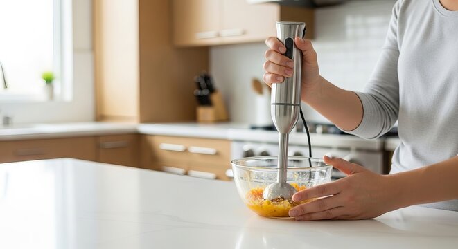 Woman using immersion blender in glass bowl to mix ingredients. Home cooking process in modern kitchen interior. Culinary preparation concept for healthy food and meal, copy space