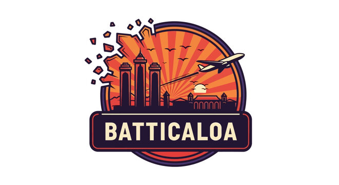 Batticaloa City Logo Depicting Buildings and Airplane in Orange and Brown.