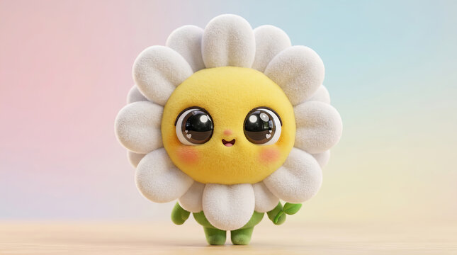 Cute 3D cartoon flower character with big eyes and green stem standing on wooden surface against soft pastel gradient background
