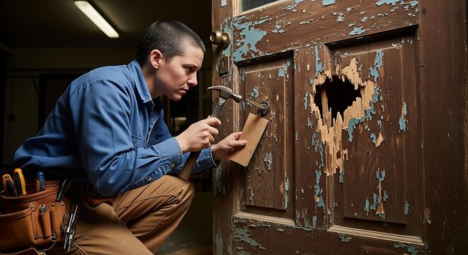 A person is using a hammer to repair an old door