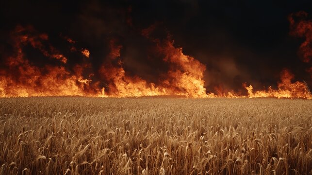 Large wildfire burning through dry wheat field with intense orange flames and dark smoke rising high into sky